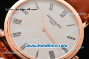 Patek Philippe Calatrava Miyota OS2035 Quartz Rose Gold Case with Roman Numeral Markers White Dial and Brown Leather Strap