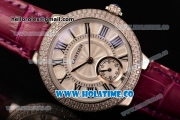 Cartier Ballon Bleu De Small Swiss Quartz Steel Case with Diamonds Bezel White Dial and Burgundy Leather Strap - Black Markers