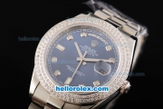 Rolex Day Date II Automatic Movement Full Steel with Double Row Diamond Bezel with Diamond Markers and Blue Dial