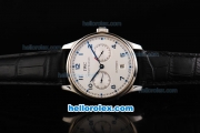 IWC Portuguese Swiss Valjoux 7750 Automatic Movement Steel Case with White Dial and Blue Numeral Markers-Black Leather Strap-Small Calendar-Power Reserve