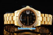 Rolex Day-Date II Swiss ETA 2836 Automatic Movement Full Gold with Black Dial and Gold Arabic Numeral Hour Markers