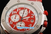 Audemars Piguet Royal Oak Offshore Japanese Miyota Quartz Movement with Red/White Dial and Silver Case-Red Leather Strap