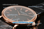 Patek Philippe Calatrava Miyota Quartz Rose Gold Case with Stick Markers and Black Dial