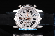 Roger Dubuis Excalibur Chronograph Quartz Movement Silver Case with White Dial-Black Markers and Black Rubber Strap
