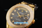 Rolex Day-Date II Automatic Movement Full Gold with Double Row Diamond Bezel-Black MOP Dial and Diamond Markers