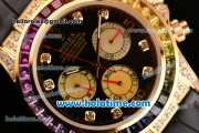 Rolex Daytona Rainbow Asia 3836 Automatic Yellow/Diamond Case with Black Leather Strap Colorful Diamond Bezel and Black Dial (BP)