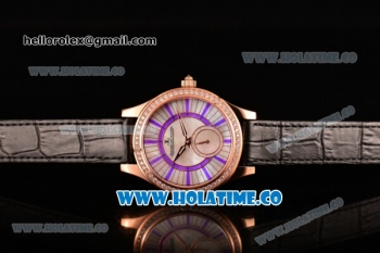 Jaeger-LeCoultre Lady Miyota Quartz Rose Gold Case with White MOP Dial Purple Stick Markers and Black Leather Strap - Diamonds Bezel