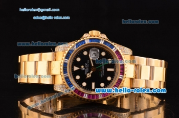 Rolex GMT-Master II Swiss ETA 2836 Automatic Gold Case with Colorful Diamond Bezel Black Dial and Yellow Gold Strap