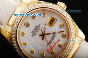 Rolex Datejust Oyster Perpetual Automatic Movement Gold Case with Diamond Markers/Bezel and white Leather Strap