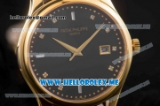 Patek Philippe Calatrava Miyota Quartz Yellow Gold Case with Black Dial and Black Leather Strap Diamonds Markers