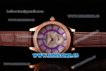 Jaeger-LeCoultre Lady Miyota Quartz Rose Gold Case with White MOP Dial Purple Stick Markers and Brown Leather Strap - Diamonds Bezel