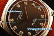 Rolex Cellini Swiss Quartz Steel Case with Black MOP Dial and Brown Leather Strap-Diamond Markers