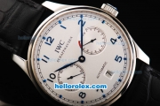 IWC Portuguese Swiss Valjoux 7750 Automatic Movement Steel Case with White Dial and Blue Numeral Markers-Black Leather Strap-Small Calendar-Power Reserve