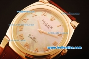 Rolex Cellini Swiss Quartz Rose Gold Case with Pink MOP Dial and Brown Leather Strap-Roman Markers