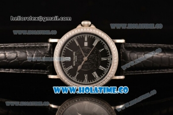 Patek Philippe Calatrava Miyota Quartz Steel Case with Diamonds Bezel and Black Dial - White Roman Numeral Markers