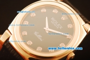 Rolex Cellini Swiss Quartz Rose Gold Case with Black Dial and Black Leather Strap-Diamond Markers