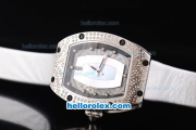 Richard Mille RM007 Automatic Movement Silver Case with Diamond Hour Marker and Diamond Bezel-Silver White Leather Strap