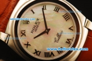 Rolex Cellini Swiss Quartz Steel Case with White MOP Dial and Brown Leather Strap-Roman Markers