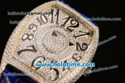 Franck Muller Cintree Curvex Swiss Quartz Steel/Diamonds Case with Diamonds Dial Numeral Markers and Blue Leather Strap