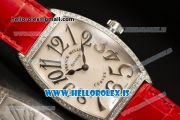 Franck Muller CINTR?E CURVEX Diamond Bezel With Red Calfskin Strap Swiss Ronda 762 Quartz White Dial