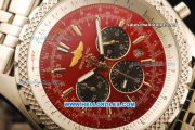 Breitling Bentley Chronograph Quartz Movement Red Dial with Three Small Dial and Silver Case-SS Strap