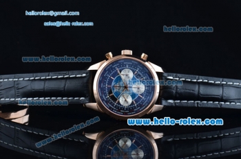 Breitling Transocean Chronograph Unitime Swiss Valjoux 7750 Automatic Rose Gold Case with Black Leather Strap and Black Dial - 1:1 Original