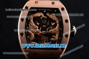 Richard Mille RM 51-01 Tourbillon Tiger and Dragon Asia Manual Winding Rose Gold Case with Seleton Dial and Dot Markers Black Rubber Strap