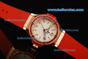 Hublot Big Bang Swiss Quartz Movement Rose Gold Case with Pink Diamond Bezel and Red Rubber Strap