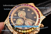 Rolex Daytona Rainbow Asia 3836 Automatic Yellow/Diamond Case with Black Leather Strap Colorful Diamond Bezel and Black Dial (BP)