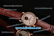 Patek Philippe Grand Complitcations Asia 2813 Automatic Rose Gold Case with Brown Leather Strap White Dial and Stick Markers