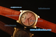 Rolex Cellini Swiss Quartz Yellow Gold Case with Pink MOP Dial and Brown Leather Strap-Numeral Markers