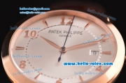 Patek Philippe Calatrava Swiss ETA 2824 Automatic Rose Gold Case with Brown Leather Strap White Dial Numeral/Stick Markers