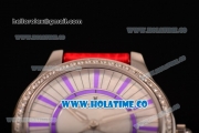 Jaeger-LeCoultre Lady Miyota Quartz Steel Case with White MOP Dial Red Leather Strap and Purple Stick Markers - Diamonds Bezel