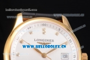 Longines Master Date Swiss ETA 2824 Automatic Yellow Gold Case with White Dial Black Leather Strap and Diamonds Markers