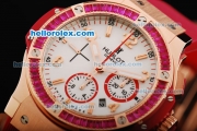 Hublot Big Bang Chronograph Swiss Valjoux 7750 Automatic Movement White Dial with Pink Diamond Bezel and Red Rubber Strap