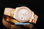 Rolex Day Date II Automatic Movement Full Rose Gold with Diamond Bezel-Diamond Markers and Silver Dial