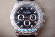 Rolex Daytona Oyster Perpetual Automatic Diamond Bezel with Black Dial and Diaomond Marking-Leather Strap