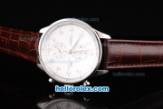 IWC Portugieser Chronograph Quartz Movement Silver Case with Number Markers-White Dial and Brown Leather Strap