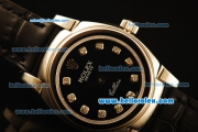 Rolex Cellini Swiss Quartz Steel Case with Black Dial and Black Leather Strap/Diamond Markers -Lady Size