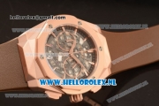 Hublot Classic Fusion Aerofusion Chronograph Orlinski Japanese Miyota OS20 Quartz Rose Gold Case with Black Dial Stick Markers and Brown Rubber Strap