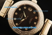 Omega Ladymatic Swiss ETA Quartz Steel Case with Diamond Bezel and Black Leather Strap