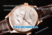 1:1 Jaeger-LECoultre Master Georgraphic Miyota 9015 Automatic Rose Gold Case with Silver Dial Stick Markers and Brown Genuine Leather