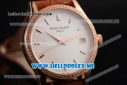 Patek Philippe Calatrava Miyota 9015 Automatic Rose Gold Case with White Dial Brown Leather Strap and Stick Markers Diamonds Bezel