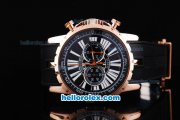 Roger Dubuis Excalibur Chronograph Quartz Movement Rose Gold Case with Black Dial-White Markers and Black Rubber Strap