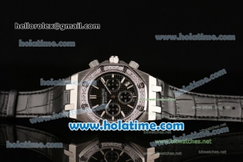 Audemars Piguet Royal Oak Chrono Miyota OS20 Quartz Steel Case with Black Leather Bracelet Black Dial and Diamond Bezel - 7750 Coating