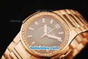 Patek Philippe Nautilus Swiss Quartz Movement Rose Gold Case and Strap with Black Dial and Diamond Bezel