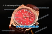 Rolex Day-Date Asia 2813 Automatic Rose Gold Case with Red Dial Stick Markers and Brown Leather Strap