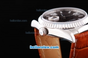 Rolex Datejust Automatic with Dark Red Dial and White Bezel and Case-Diamond Marking-Small Calendar-Brown Leather Strap