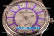 Jaeger-LeCoultre Lady Miyota Quartz Steel Case with White MOP Dial Purple Stick Markers and Blue Leather Strap - Diamonds Bezel