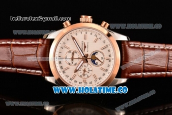 Longines Master Moonphase Chrono Miyota OS10 Quartz with Date Steel Case with White Dial Stick Markers and Rose Gold Bezel